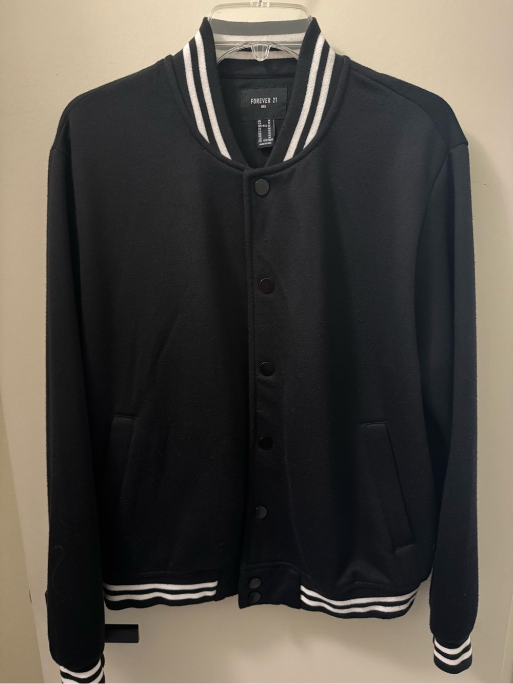 Forever 21 Black Bomber Jacket with White Stripe Trim
